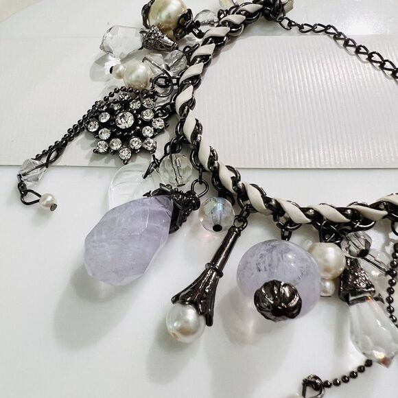 Art Glass Dangle Charm Bracelet Faux Pearl Leather Lilac Rhinestone Dangle - Picture 5 of 12